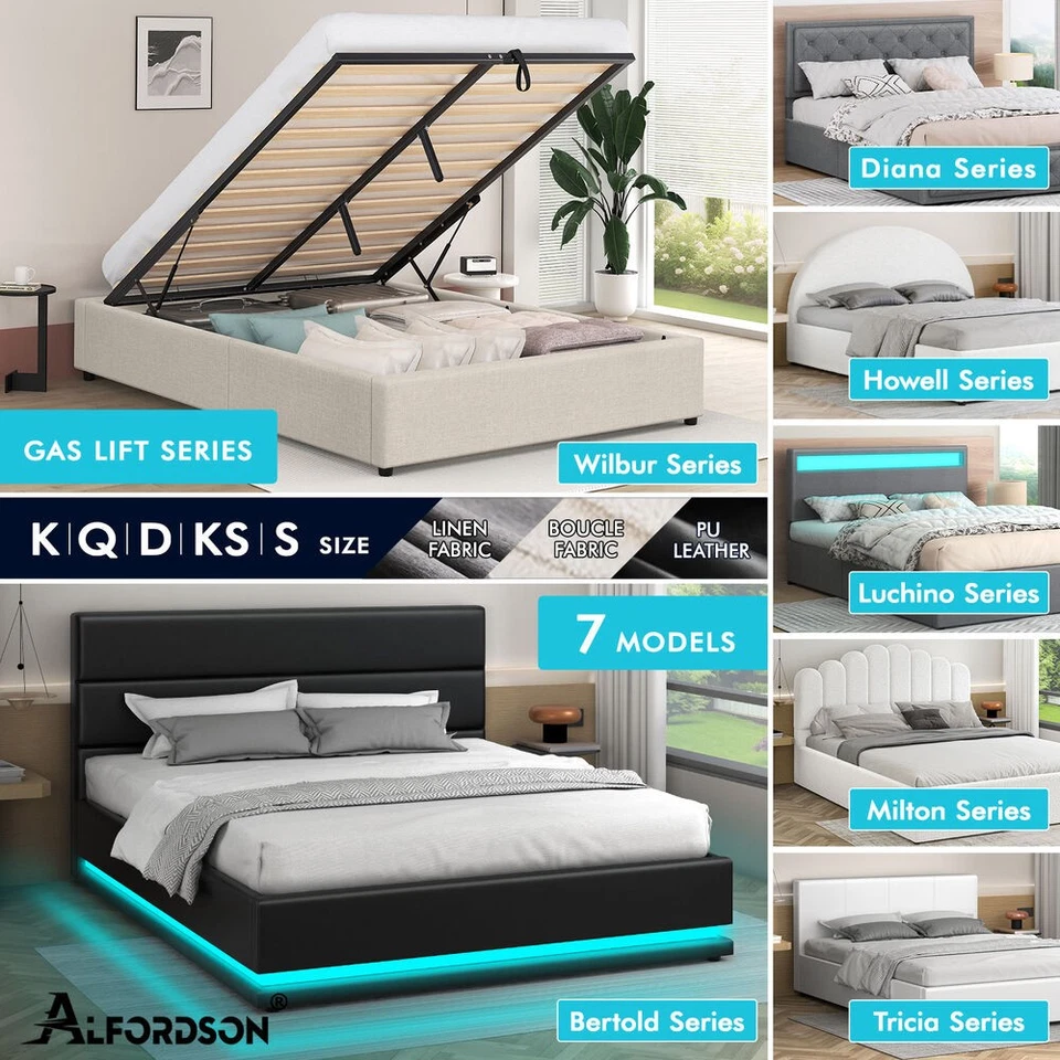 ALFORDSON Bed Frame Double Queen King RGB LED Gas Lift Storage Base Leather - image 2 of 2