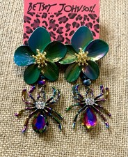 Betsey Johnson Floral Spider Stud Dangle Earr...
