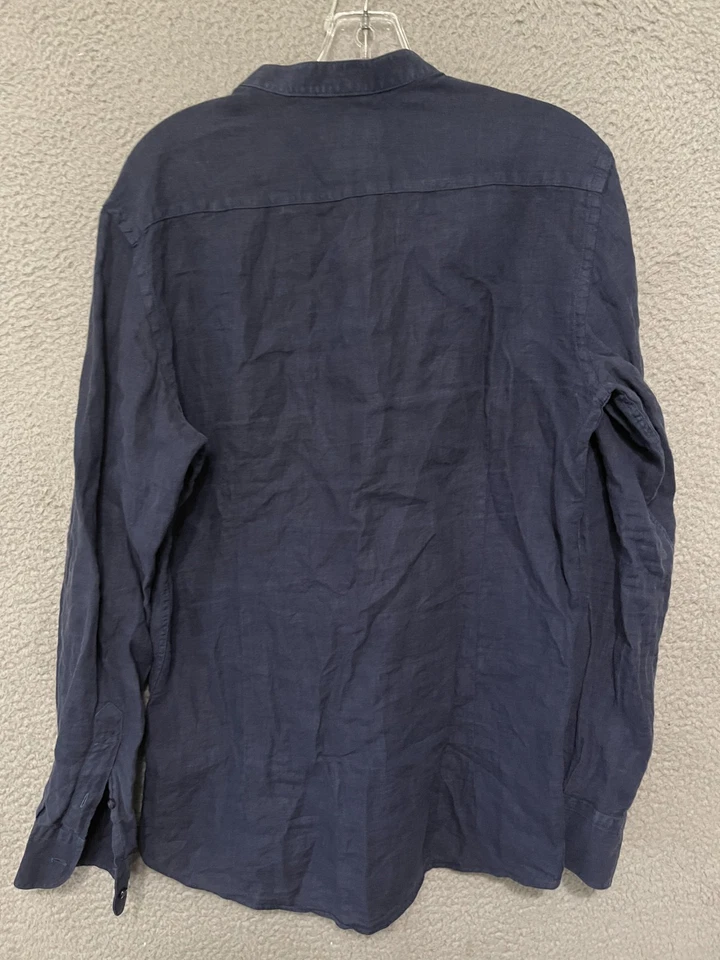 Camisa Massimo Dutti Para Hombre 100% Lino Talla Mediana Azul Cuello Mandarín Abotonada Foto 4 de 4