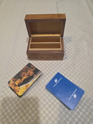 VTG Polished Hand Carved Wood Playing Card Box w/ United Airlines & Floral Decks