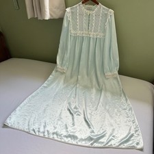 VTG 80s Christian Dior Satin Maxi Nightgown Delicate Lace Rosettes Light Blue