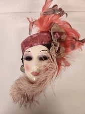 Vtg Clay Art Lady Face Mask w/Feathers Ceramic Wall Hanging ? Pink Roaring 20's