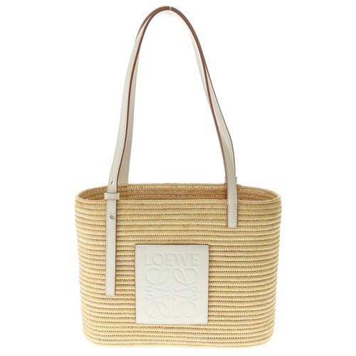 LOEWE Angram Square Trimmed Raffia Small Basket Bag Handbag Beige White From JPN