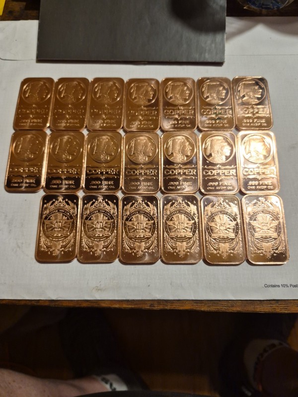 . 999 Copper Bars Lot Of 20 1 Oz. Total ADVP 20 Ounces Indian Head