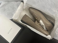 GUCCI BRIXTON LEATHER HORSEBIT TAUPE BEIGE LOAFERS SIZE 37 990