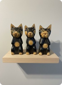 Vintage Wooden Cats See Hear Speak No Evil Figures Hand Carved From Indonesia.