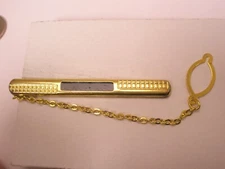 2-3/16" Thin Design Black Cabochon & Gold Tone MODERN Tie Bar Clip with chain