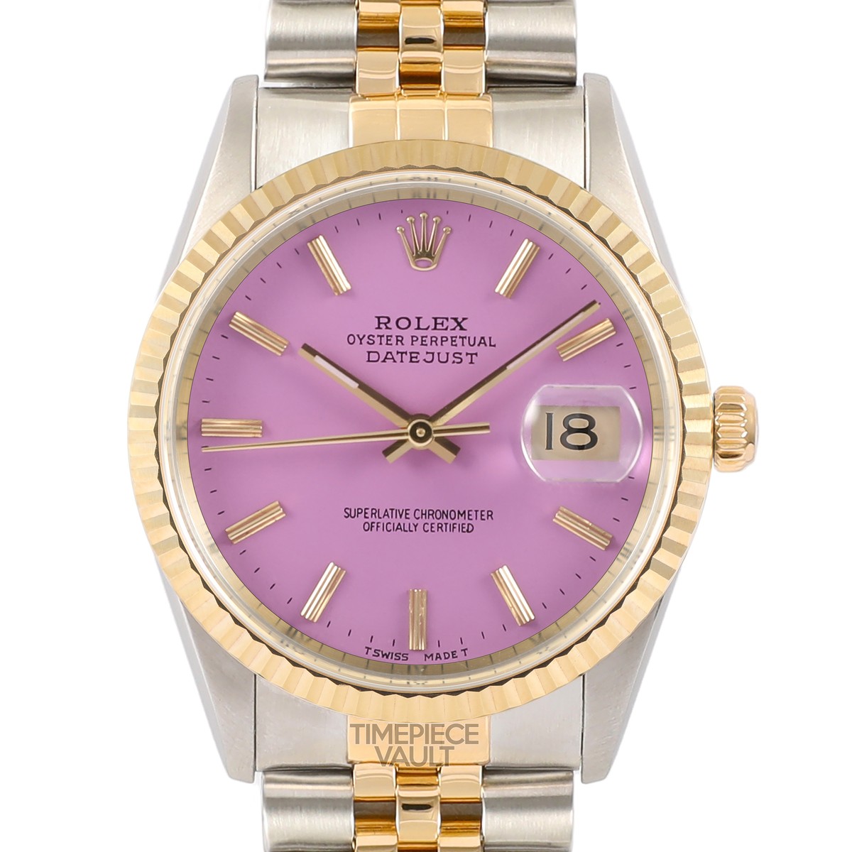 ROLEX DATEJUST 16233 GOLD/ STEEL 36MM WATCH PINK STICK DIAL 18K FLUTED  BEZEL-B&P