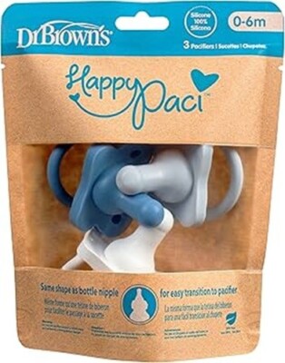 Dr Brown's Happy Paci 0-6m Pack of 3 Silicone Pacifiers  - Blue  BPA FREE