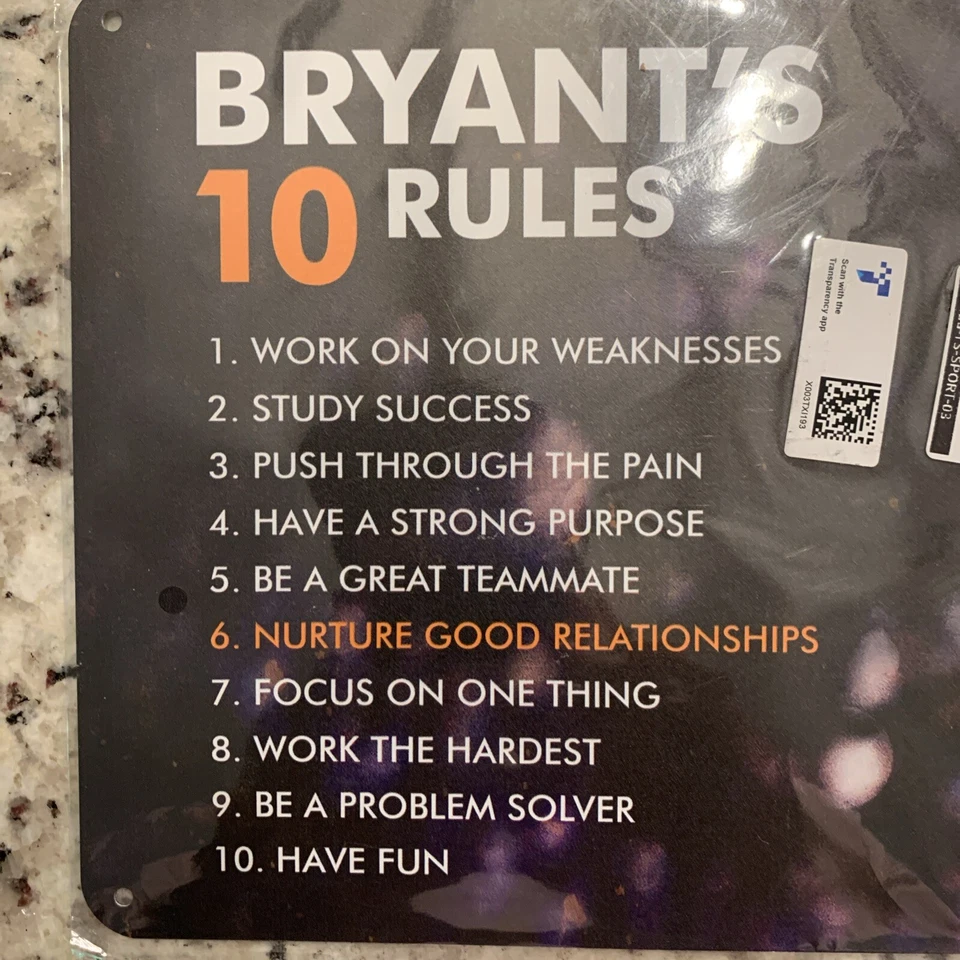 Металлический знак Коби Брайанта знак «BRYANT'S 10 RULES» 12 дюймов x 8 дюймов LA Lakers NBA - Изображение 2 из 2
