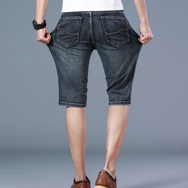 Mens Stretch Straight Leg Casual Jeans Knee Length Pants Thin