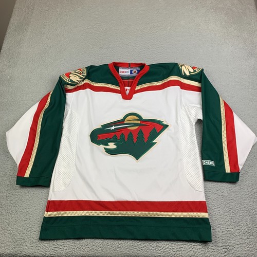 Vtg MINNESOTA WILD CCM Jersey Mens L Stitched NHL Hockey Script Logo Air-Knit