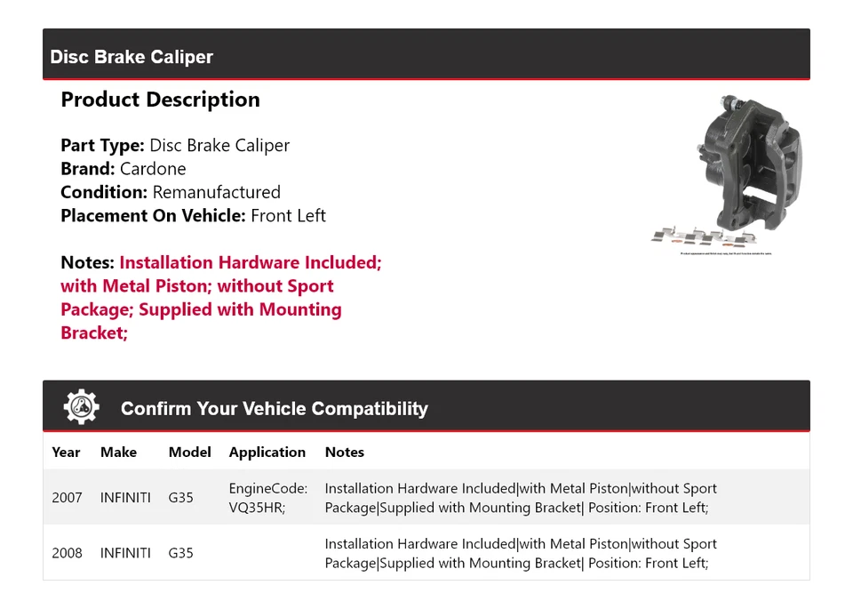 Pinza de freno de disco delantera izquierda Cardone para Infiniti G35 2007-2008 Foto 2 de 4