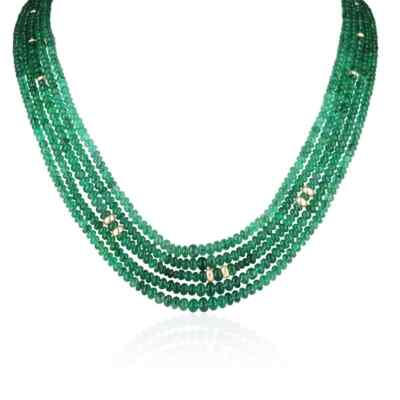 294+ Carat Natural Round Emerald Rondelle Accents Five Strand Bead Necklace 14K
