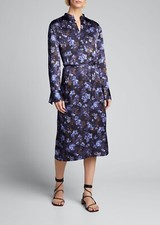  445 VINCE Plumeria Blooms Long Sleeve Hammered Satin Dress M Coastal Blue Midi