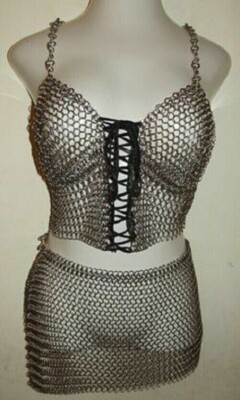 new design 10 MM Aluminum Chainmail Halter Style Bra TOP W/ skirt