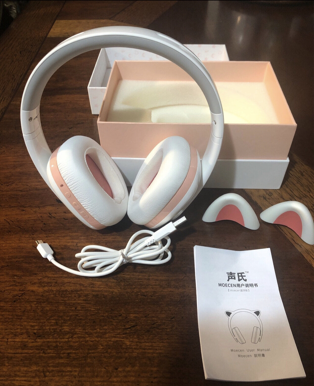 Censi Bluetooth Wireless Cat Ear Headphones in White and Pink  -image
