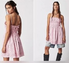 NWOT Free People Smocked Cotton Floral Mini Dress Sz M Lace Up Back