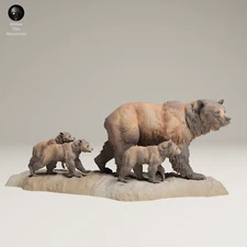 Grizzly Bear Family with Cubs Diorama Resin 3-d printed Model Railroad Unpainted