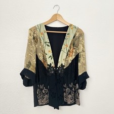Spencer Alexis Kimono Jacket Floral Silk Blend Multi-Media Black Size 1X USA Vtg