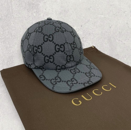 Gucci GG Monogram Pattern Ripstop Recycled Polyester Baseball Cap Hat Gray Sz M