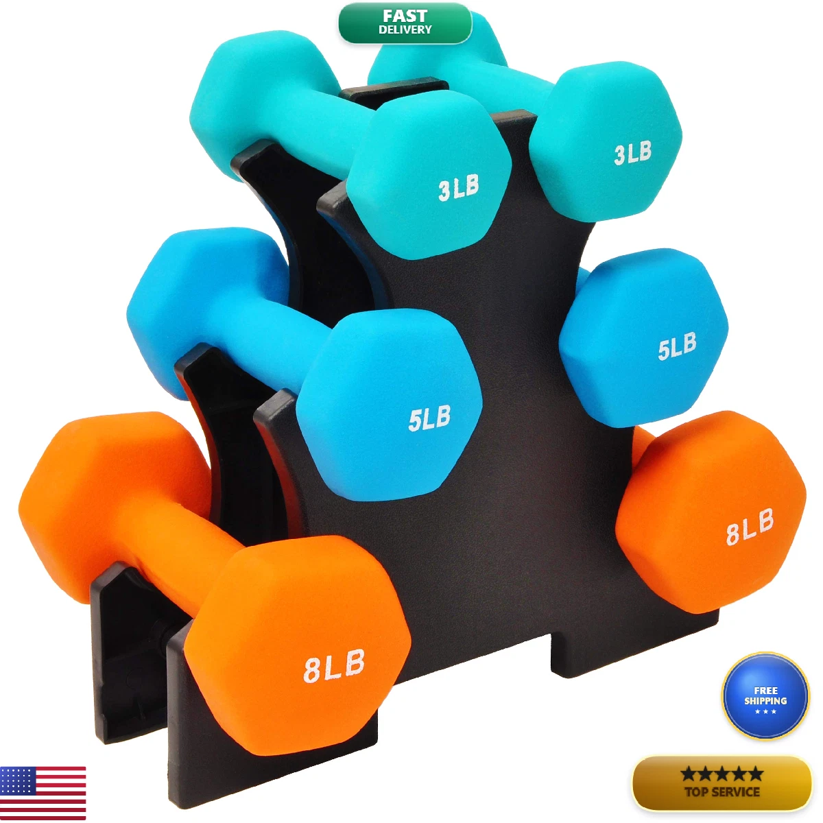 Fitvids Set Of 6 Neoprene Dumbbell Hand Weights Set Rack 3/5/8 Pairs