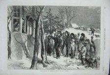 Original Old Antique Print Carol Singing Yorkshire 1861 Christmas Children Snow