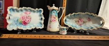 Antique RS Prussia Chocolate Pot Sugar Oval Rectangular Tray Pink Roses AS IS