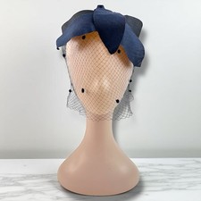 Vintage 1950s Navy Blue Cocktail Hat Veil Fascinator Netting Bow Retro Chic