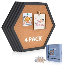 Cork Bulletin Board Hexagon 4 Pack Small Framed Corkboard Tiles for Wall Thic...