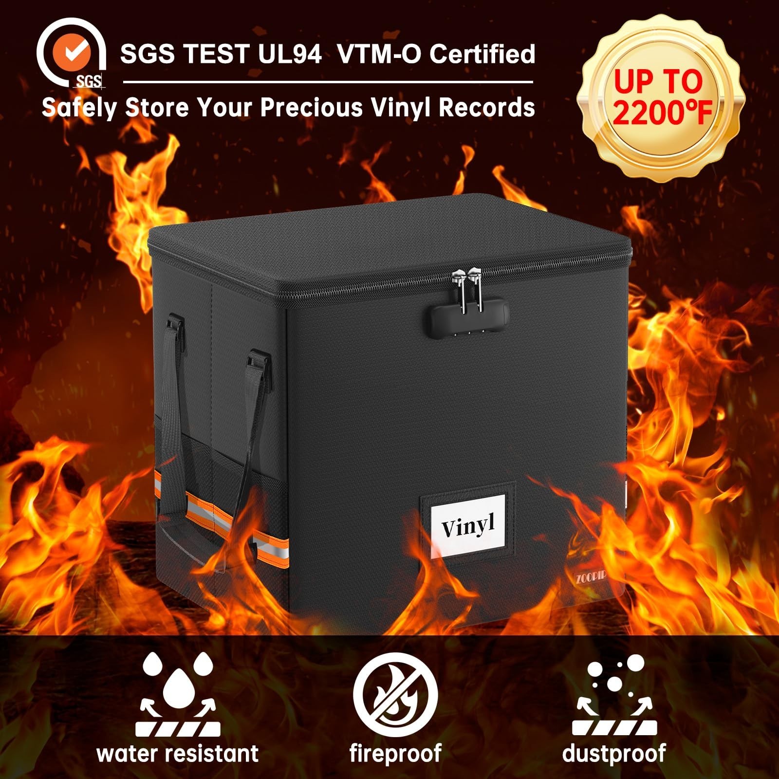 Fireproof Vinyl Record Storage Box with Lock,Water Resistant Small Record Sto...