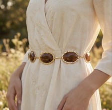 Brown Boho Oval Concho Cabochon Western Chain Belt Work Wear Festival