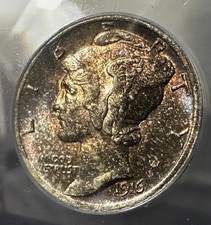 Moneda de diez centavos Mercury 1916 P ANACS MS61 bonita pátina arco iris ¡FECHA CLAVE RARA! WOW
