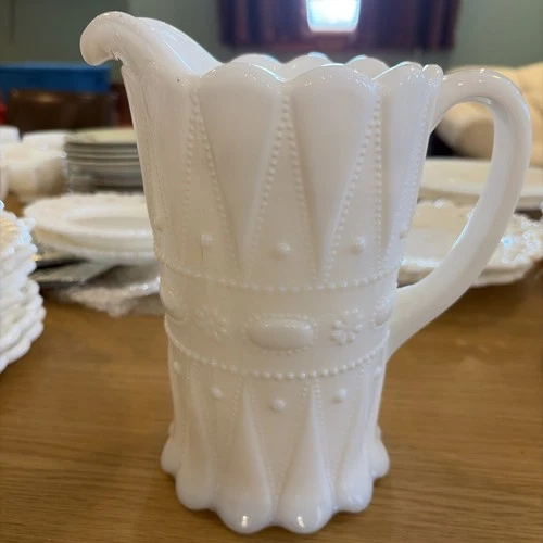 Vintage Kemple Lace & Dewdrop Milk Glass w/Beading 8”x7 1/4” Pitcher 1940-1970