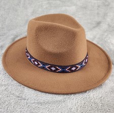 Womens Hat Fedora 57 Brown Wide Brim Southwestern Pattern Band Fitted Western