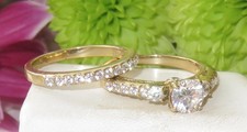 Gold ring set ladies cz three stone 18kt steel engagement wedding band new 2133