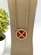 Vintage Napier Gold Tone Red Enamel Medallion Necklace Chunky 22  Signed