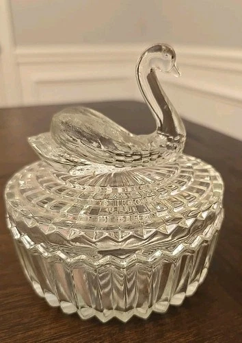 Jeanette Clear Glass Swan Covered Powder Dish Lipstick Holder Lid Vintage