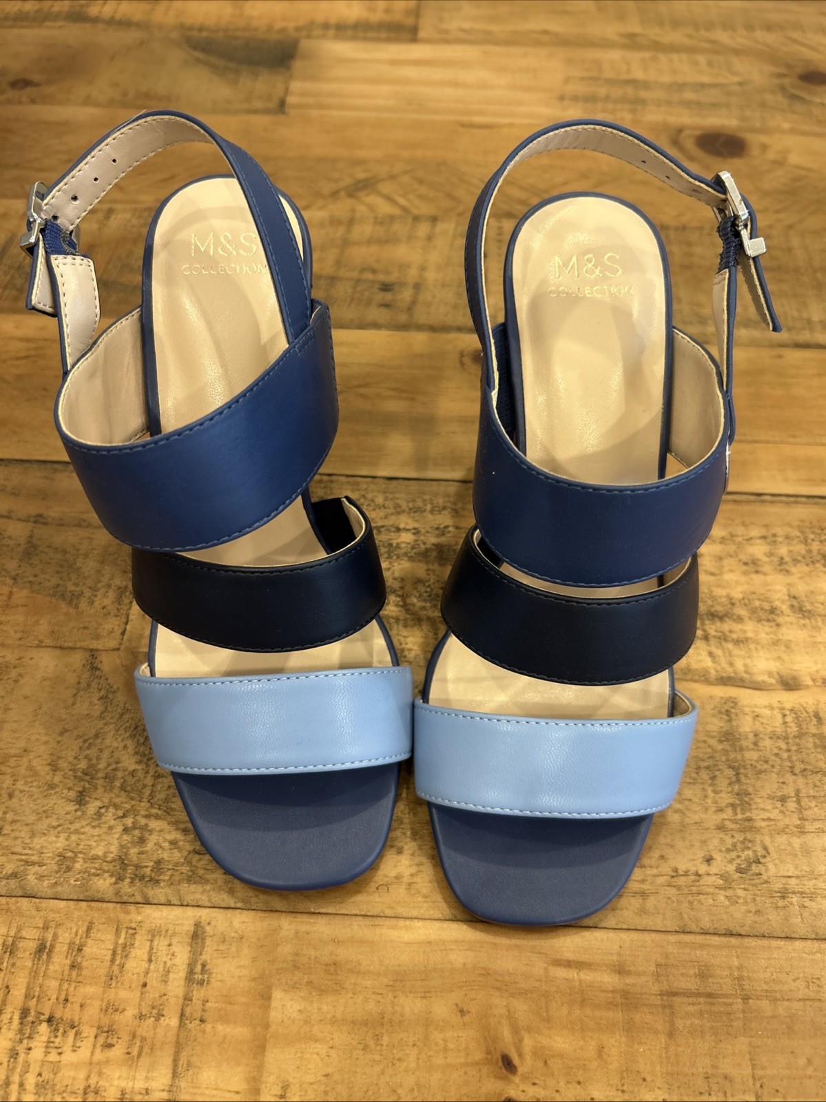 APL Sandali donna M&S Insolia strapoy taglia UK 4 blu misto pelle chiusura fibbia posteriore