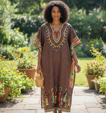 Long Brown Polyester African Print Womens Kaftan Kimono Beach Maxi Caftan L-52"