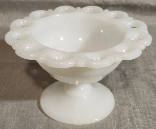 Vintage Anchor Hocking Lace Edge Milk Glass 5" Pedestal Bowl Candy Compote Dish