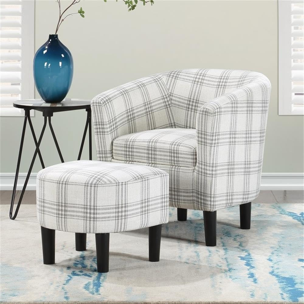 & Ottoman Set - Gray Plaid Mid-back Barrel Design