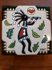 Earthtones Ceramic Art Tile Kokopelli 6" x 6"  1995 Hanging hot plateSigned Krot