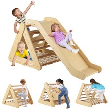 4 in 1 Wooden Climbing Triangle Set Triangle Climber w/Ramp Natural
