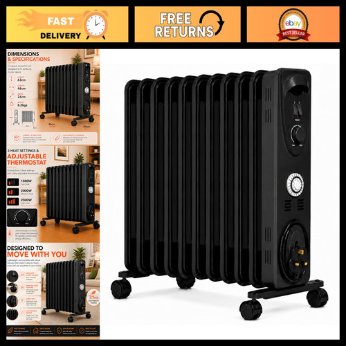 Oil Filled Radiator Heater - Adjustable Thermostat, 3 Heat Settings, 24-Hour Tim