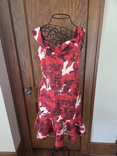Boston Proper Size 10 Red Floral Ruffle Hem Dress Sleeveless Flirty Party Chic