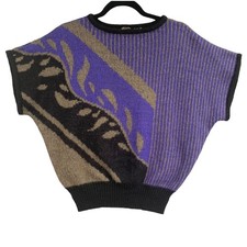 VTG 80s Mohair Wool Sweater Sm Abstract Short Slv Dolman Purple Black Italy Fuzz