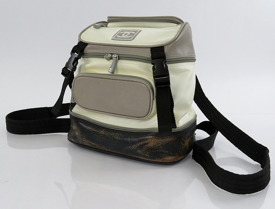 Auth CHANEL White Nylon Black & Gray Leather Sport Line Backpack Bag #63850