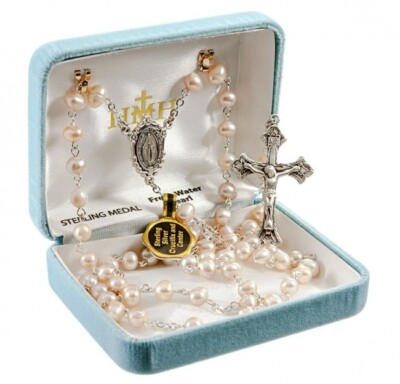 6mm White Freshwater Pearl Rosary w/Sterling Silver Center & Crucifix, US Made