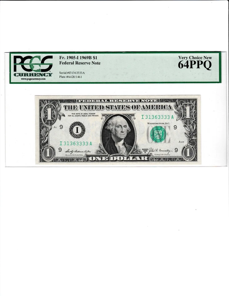 1969 B $1 Federal Reserve note FANCY SERIAL NUMBER 31363333 PCGS - Image 2 of 3